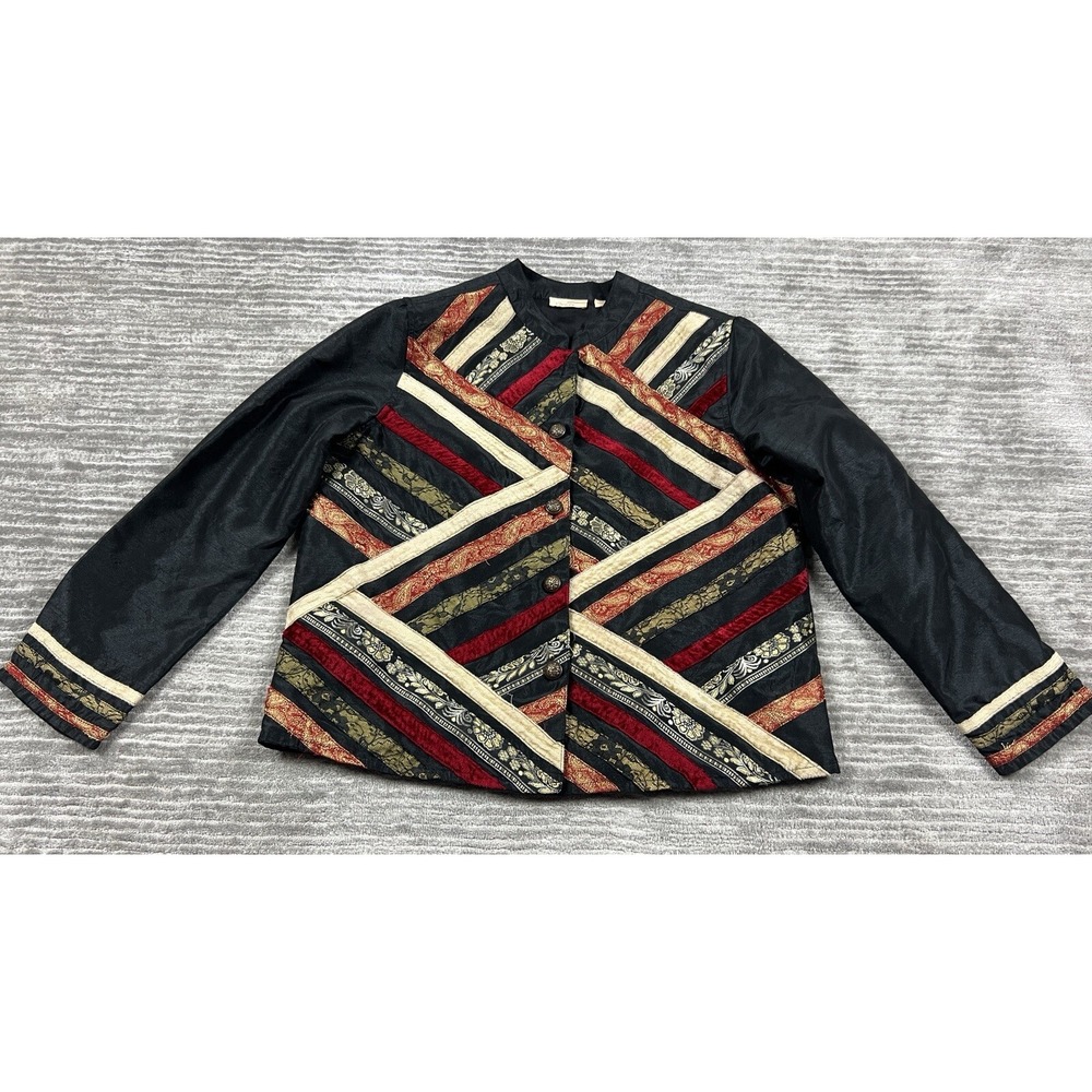 Choices Jacket Womens L Black Patchwork Ribbon Art To Wear Button Up JPOJ0141